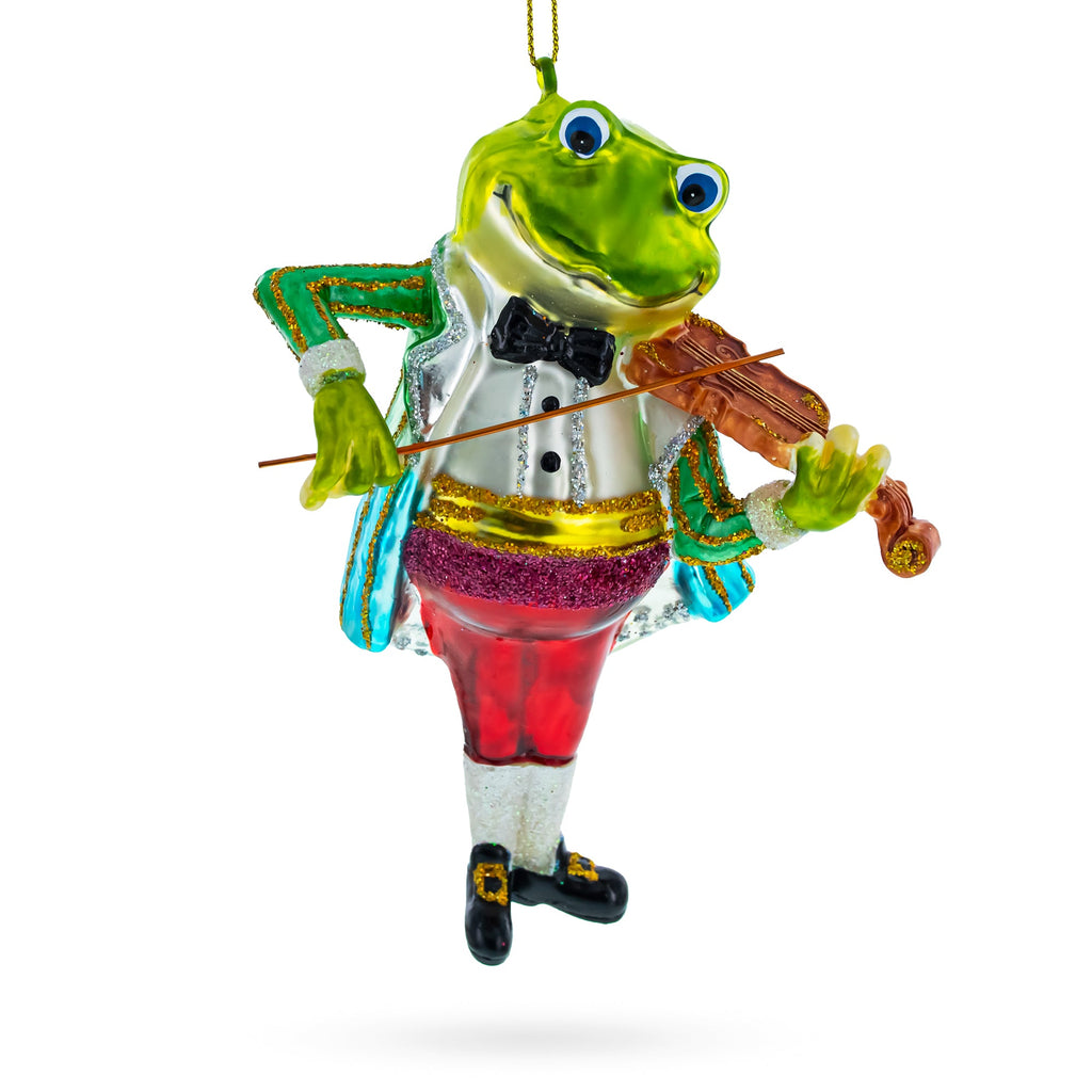 Frog Playing Violin Glass Christmas Ornament