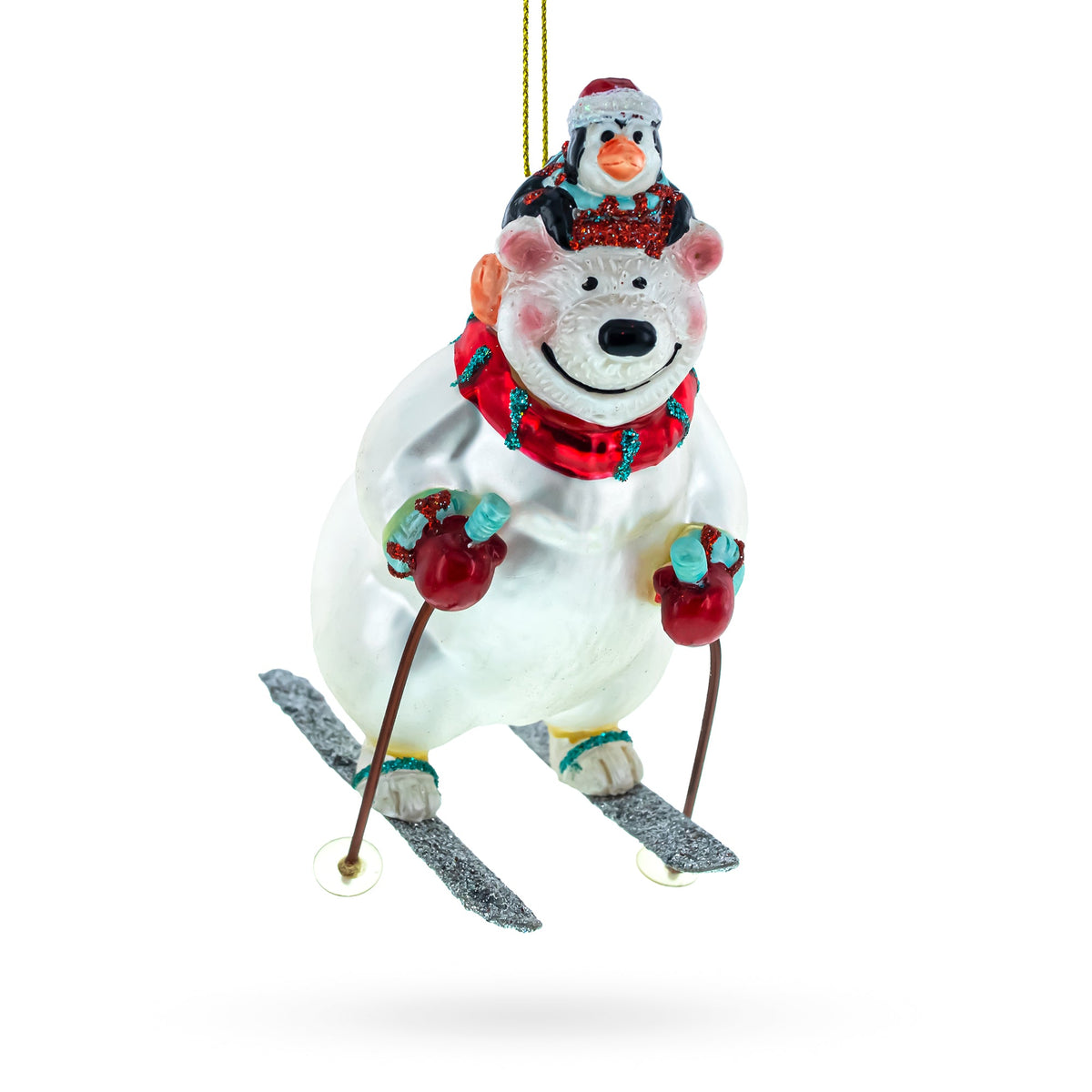 Bear and Penguin Skiing Glass Christmas Ornament