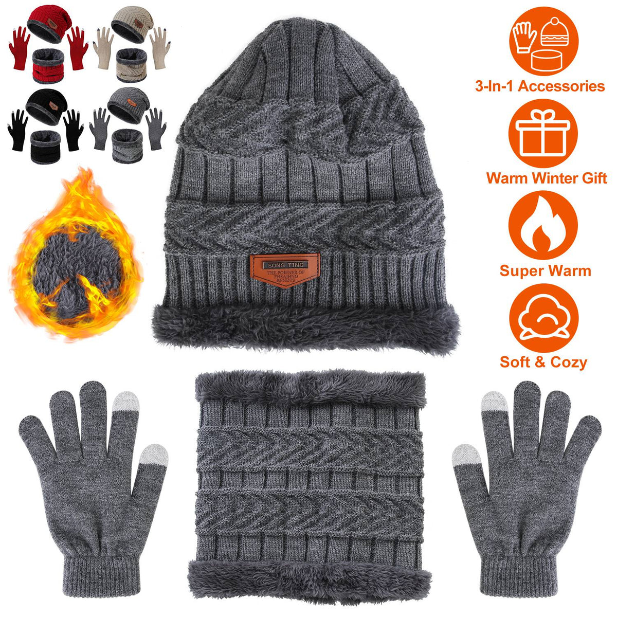 Winter Hat, Scarf and Gloves Set, Gray