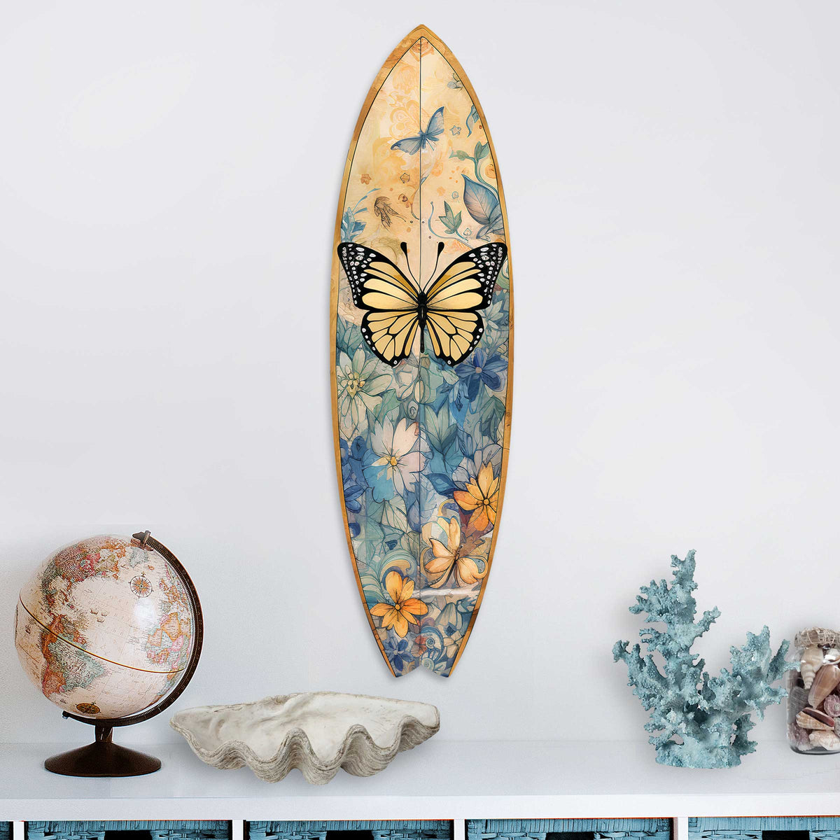 Yellow Monarch Butterfly Surfboard Coastal Wall Art by G. DeBrekht - Coastal Holiday Decor - 8490109HS