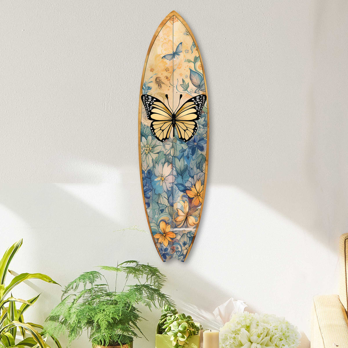 Yellow Monarch Butterfly Surfboard Coastal Wall Art by G. DeBrekht - Coastal Holiday Decor - 8490109HS