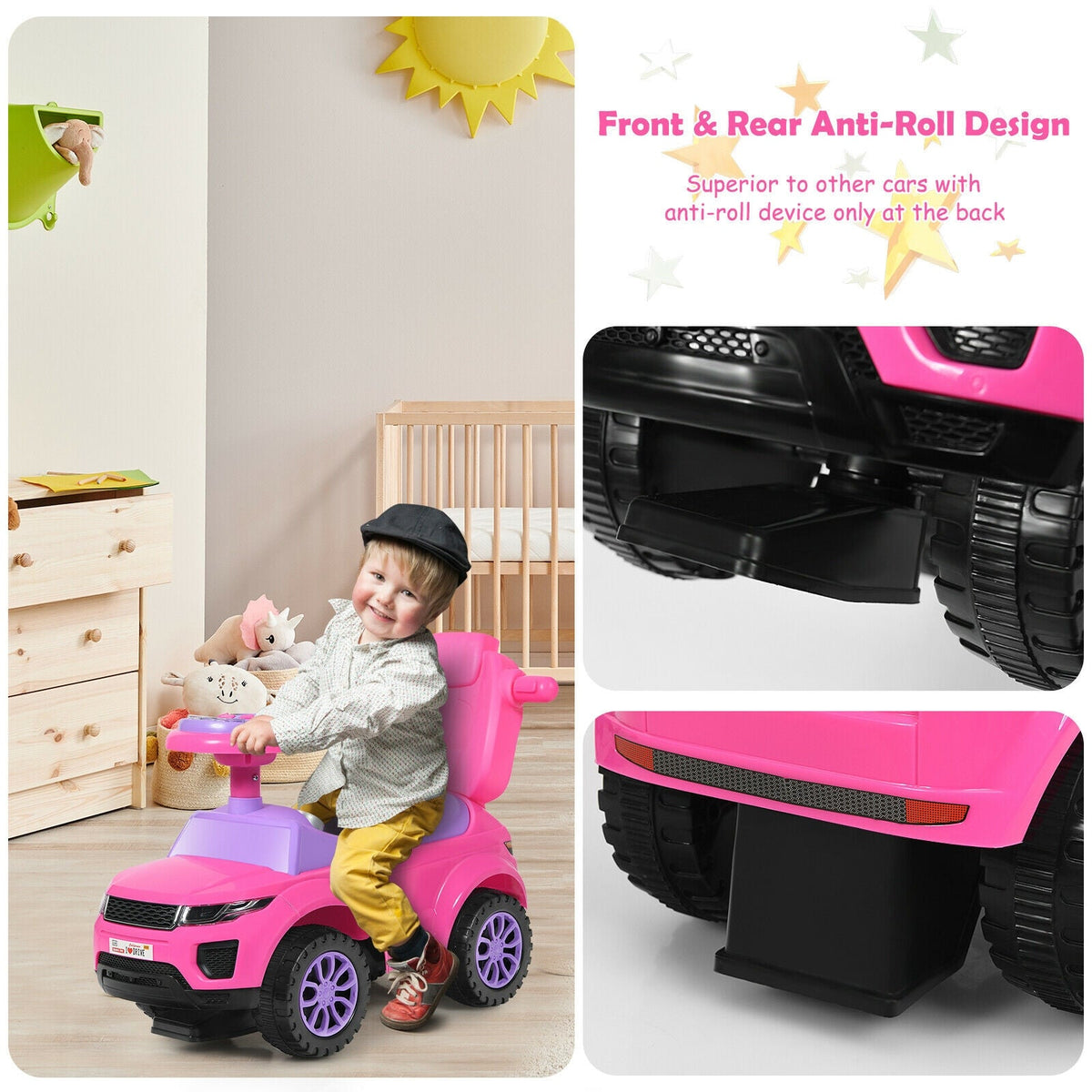 3 in 1 Ride on Push Car Toddler Stroller Sliding Car with Music-Pink