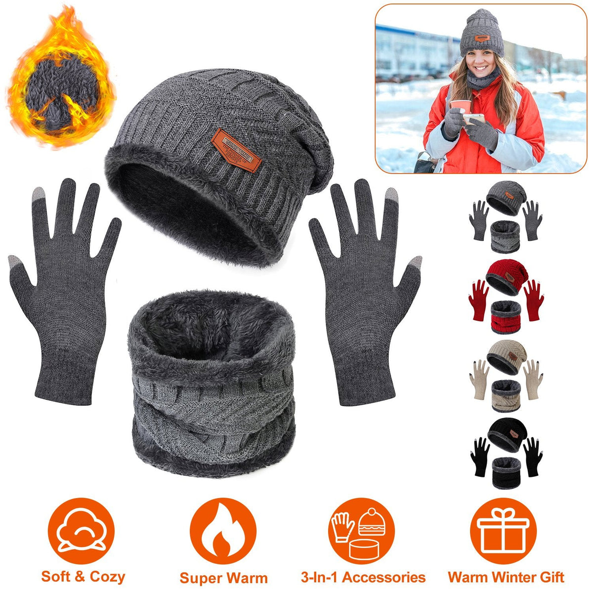Winter Hat, Scarf and Gloves Set, Gray