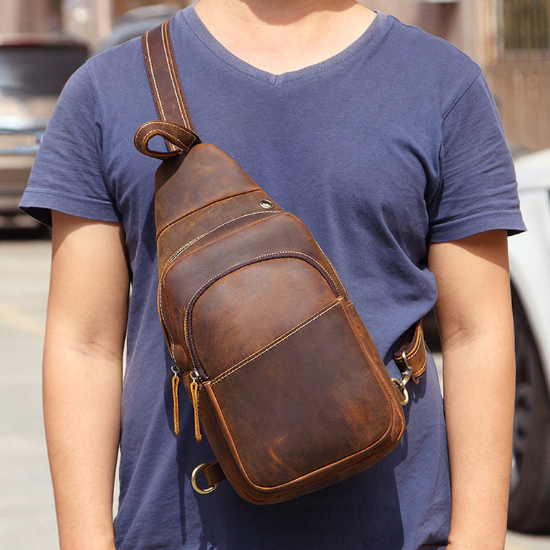 Crazy Horse Leather Chest Pack Handmade Chest Bag Casual Shoulder Messenger Bag