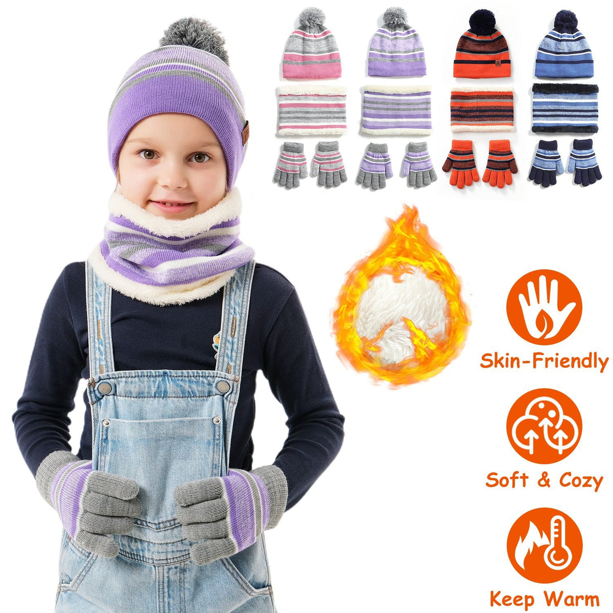 Kids Winter Hat, Scarf and Gloves Set, Purple