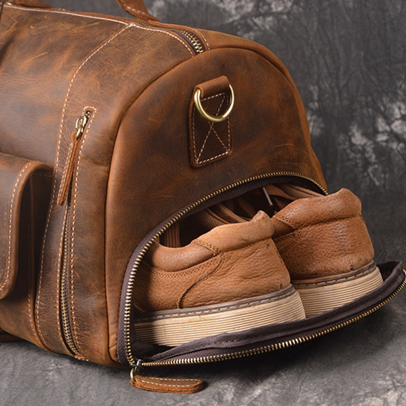 Full Grain Crazy Horse Leather Duffle Bag,  Vintage Handmade Weekender Travel Luggage