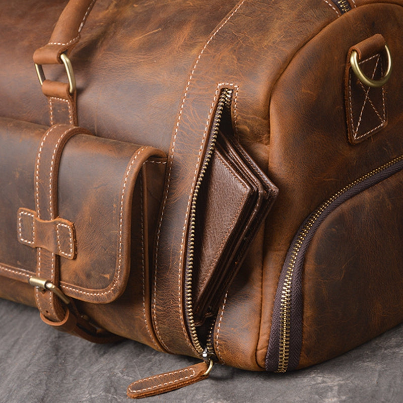 Full Grain Crazy Horse Leather Duffle Bag,  Vintage Handmade Weekender Travel Luggage