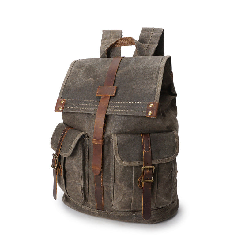 Outing Sport Travelling Waxed Canvas Leather Backpack, Casual Laptop Backpack, Vintage Waterproof Shoulder School Bag 5252