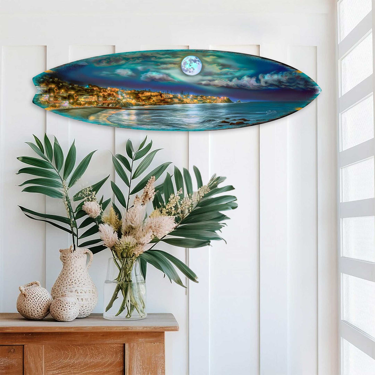 Surfboard Coastal Wall Art - Full Moon Night Wall Art by G. DeBrekht - Coastal Holiday Decor - 8490137HS