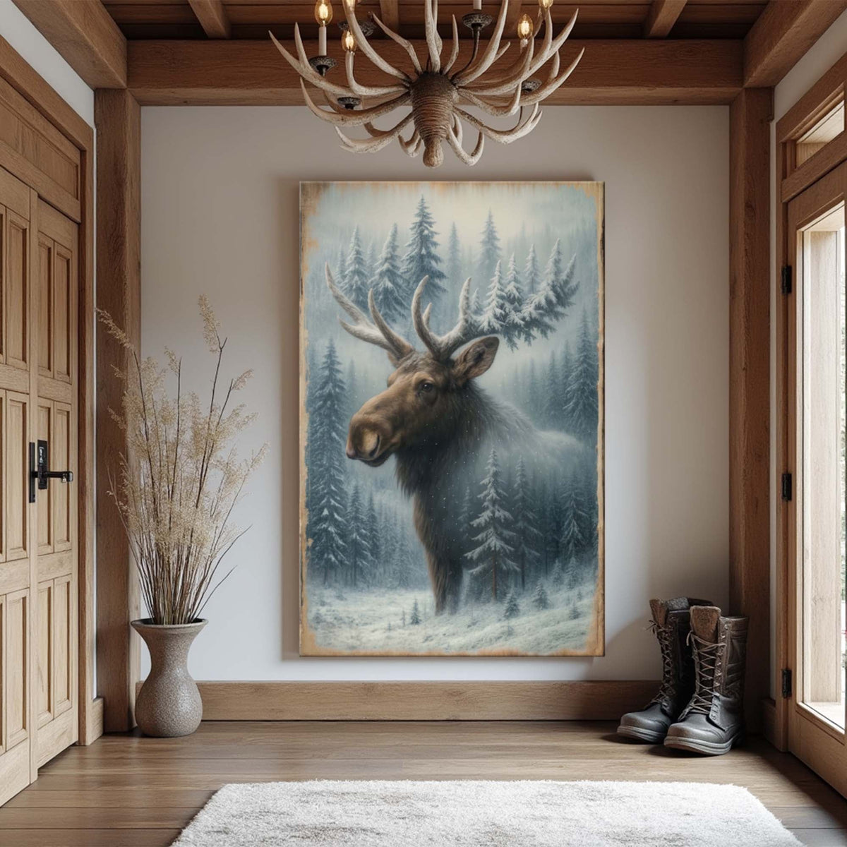 Snowy Forest Moose Double Exposure Wall Art