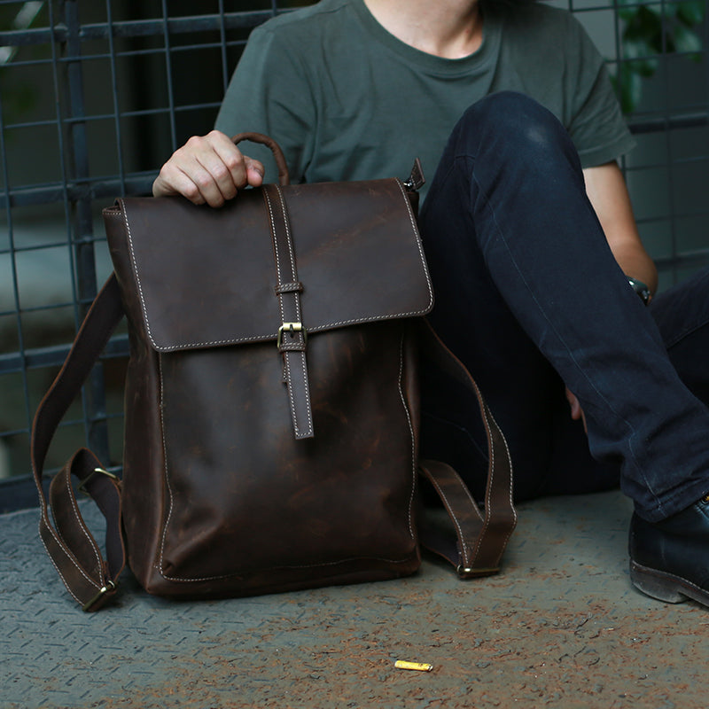 Crazy Horse Leather Laptop Backpack Handmade Travel Backpack Men Backpack