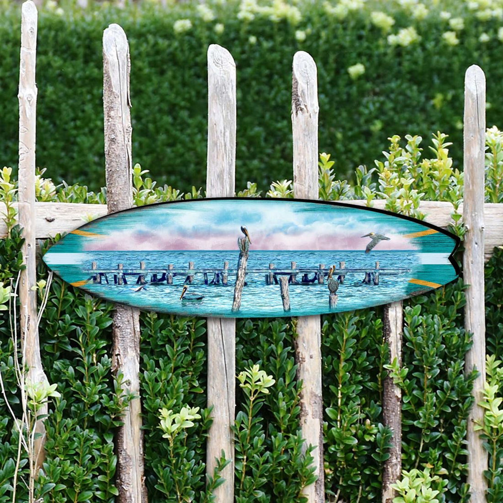Seabirds Pelicans Surfboard Coastal Outdoor Decor Large Ornament by G. DeBrekht - Coastal Holiday Decor - 8490106MS