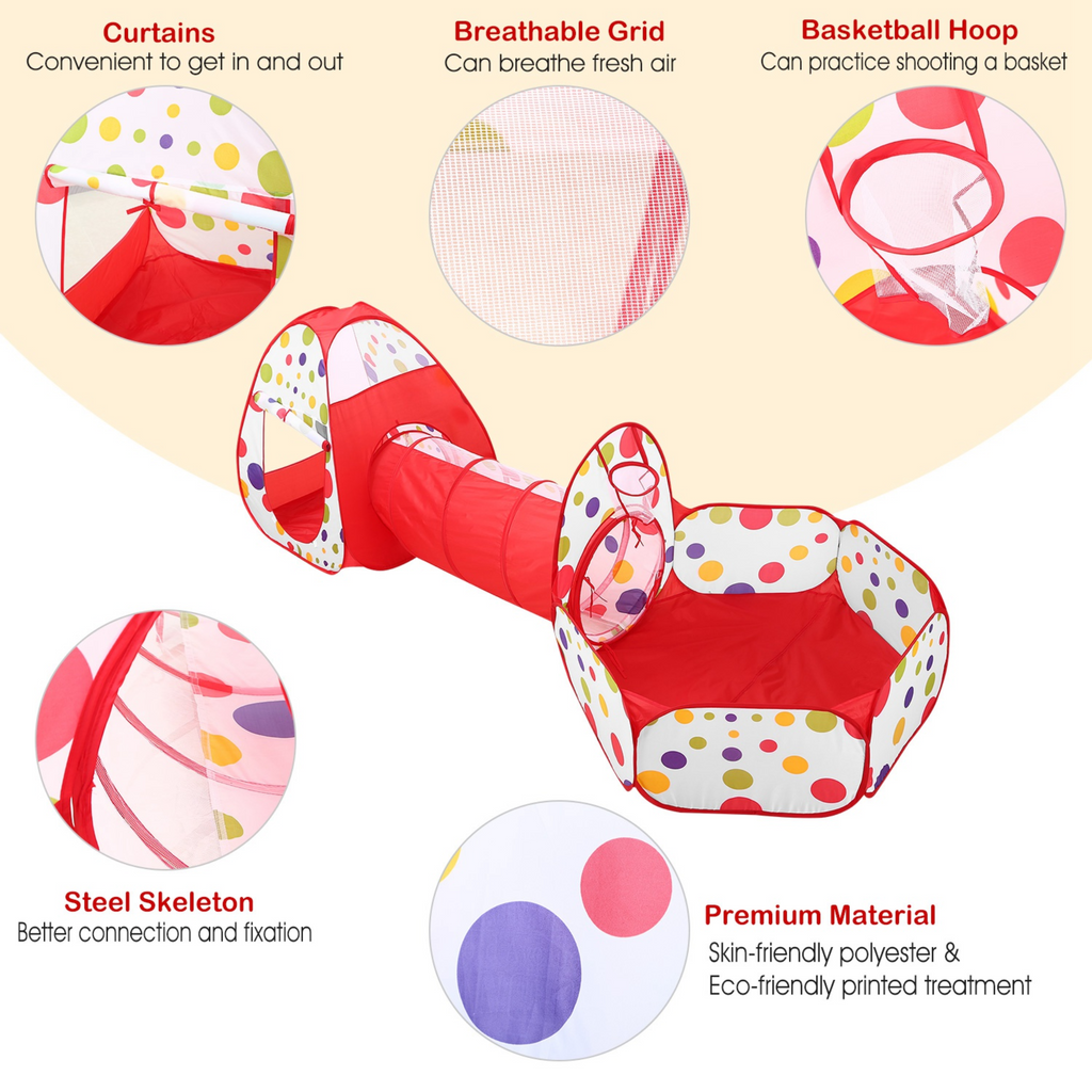 3 In 1 Child Crawl Tunnel Tent Kids Play Tent Ball Pit Set Foldable Children Play House Pop-up Kids Tent w/Storage Bag for Indoor Outdoor Travel Use