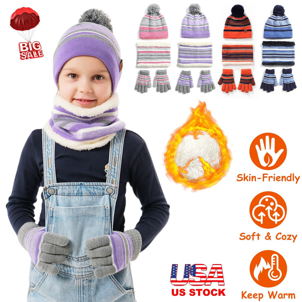 Kids Winter Hat, Scarf and Gloves Set, Purple