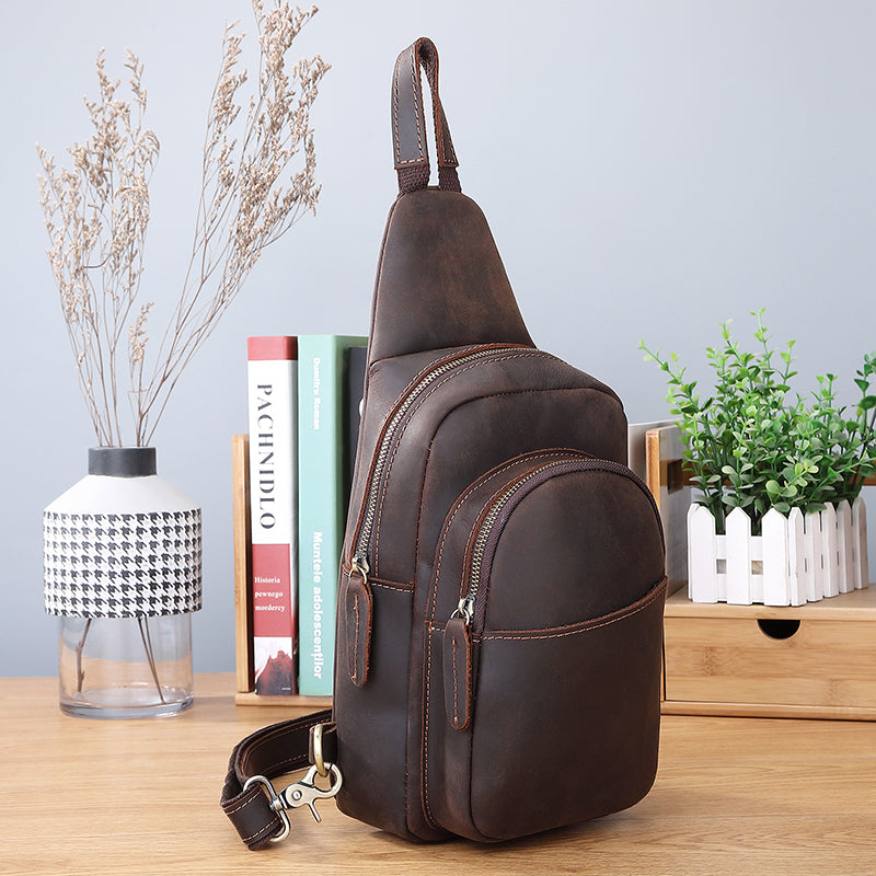 Crazy Horse Leather Chest Pack Handmade Chest Bag Casual Shoulder Messenger Bag