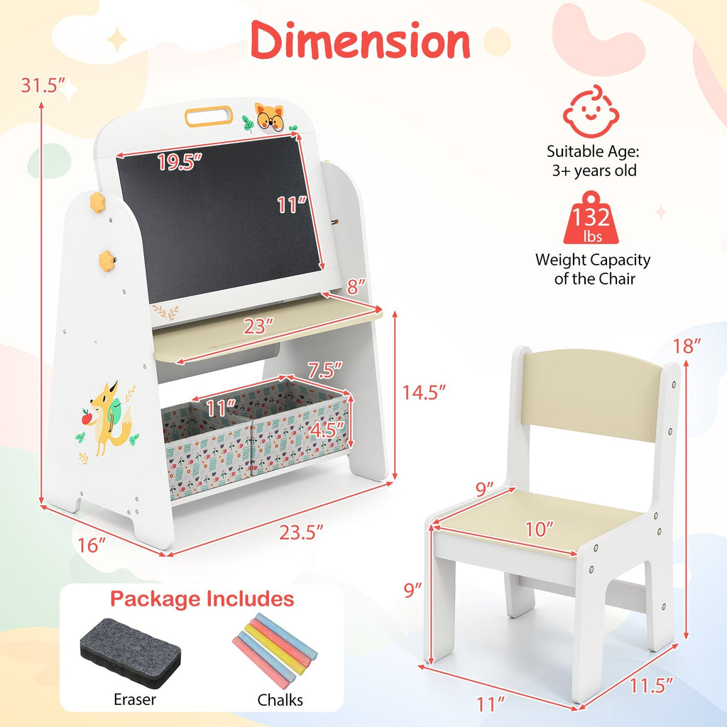 4-in-1 Kids Table and Chair Set Art Easel with Magnetic Whiteboard and Bookshelf-Natural