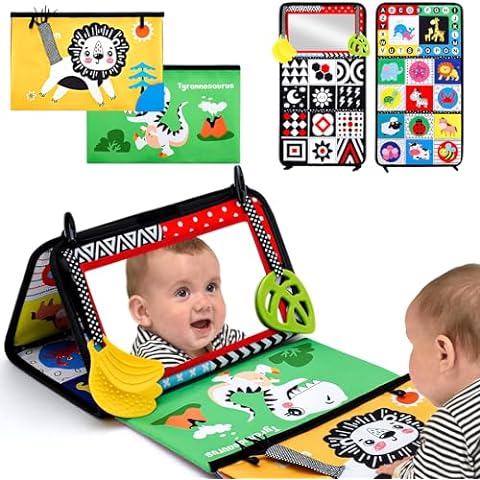 Playful Tummy Time Mirror Toy with Teethers - Delightful High-Contrast Newborn Baby Entertainment for Infants