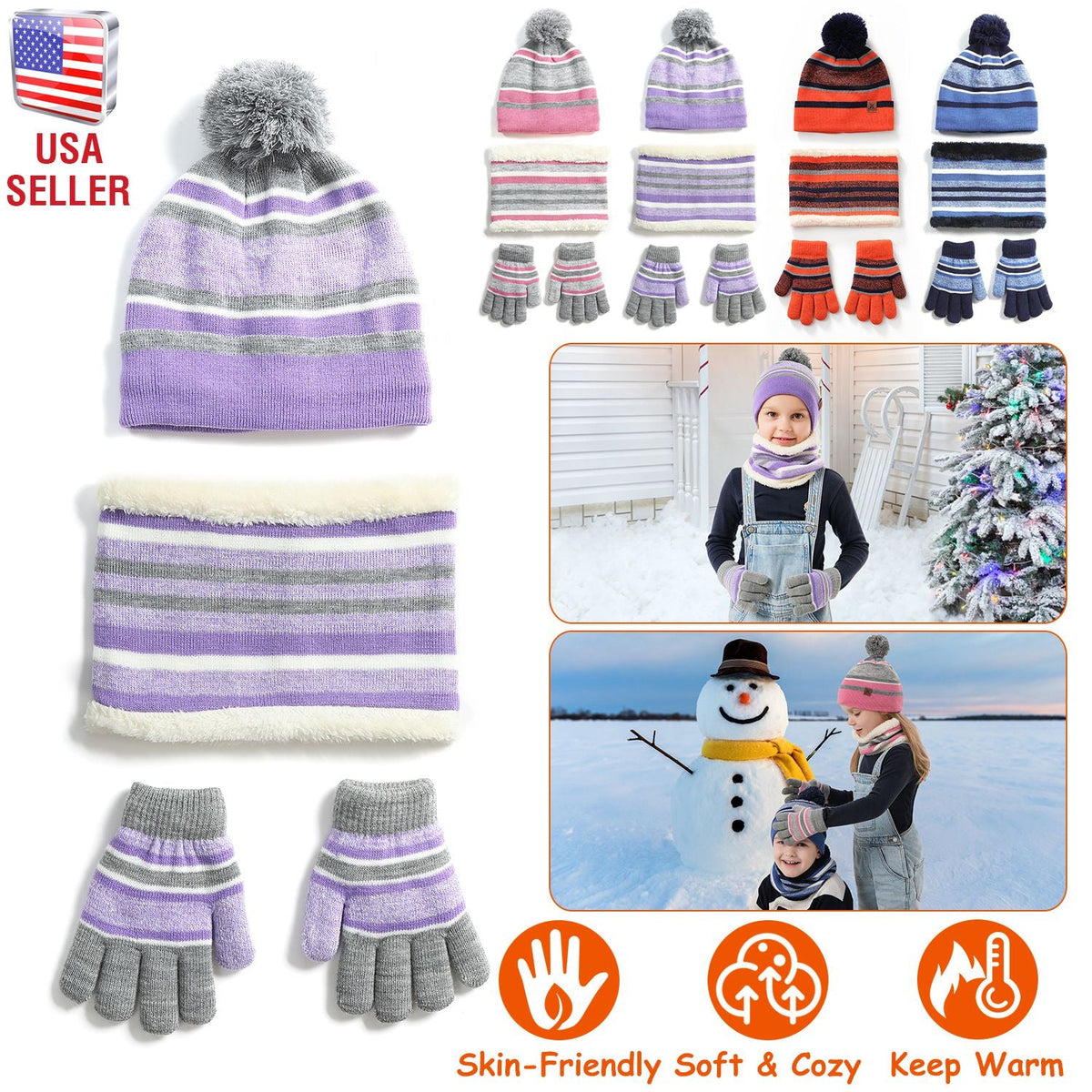 Kids Winter Hat, Scarf and Gloves Set, Purple