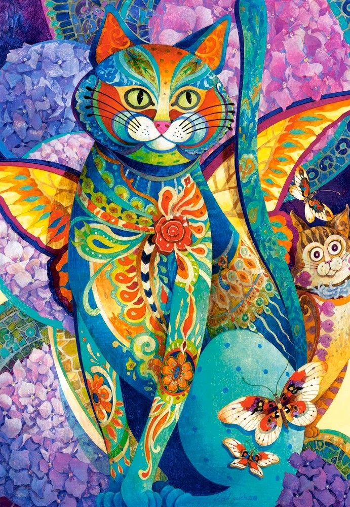 1500 Piece Jigsaw Puzzle, Feline Fiesta, Art. Puzzle, Colorful cat painting, Hydrangeas flowers, Adult Puzzle, Castorland C-151448-2