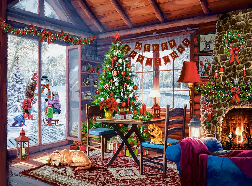 2000 Piece Jigsaw Puzzle, Christmas Cottage, Fireplace with stockings hung, Decorated tree, Adult Puzzle, Castorland C-200962-2