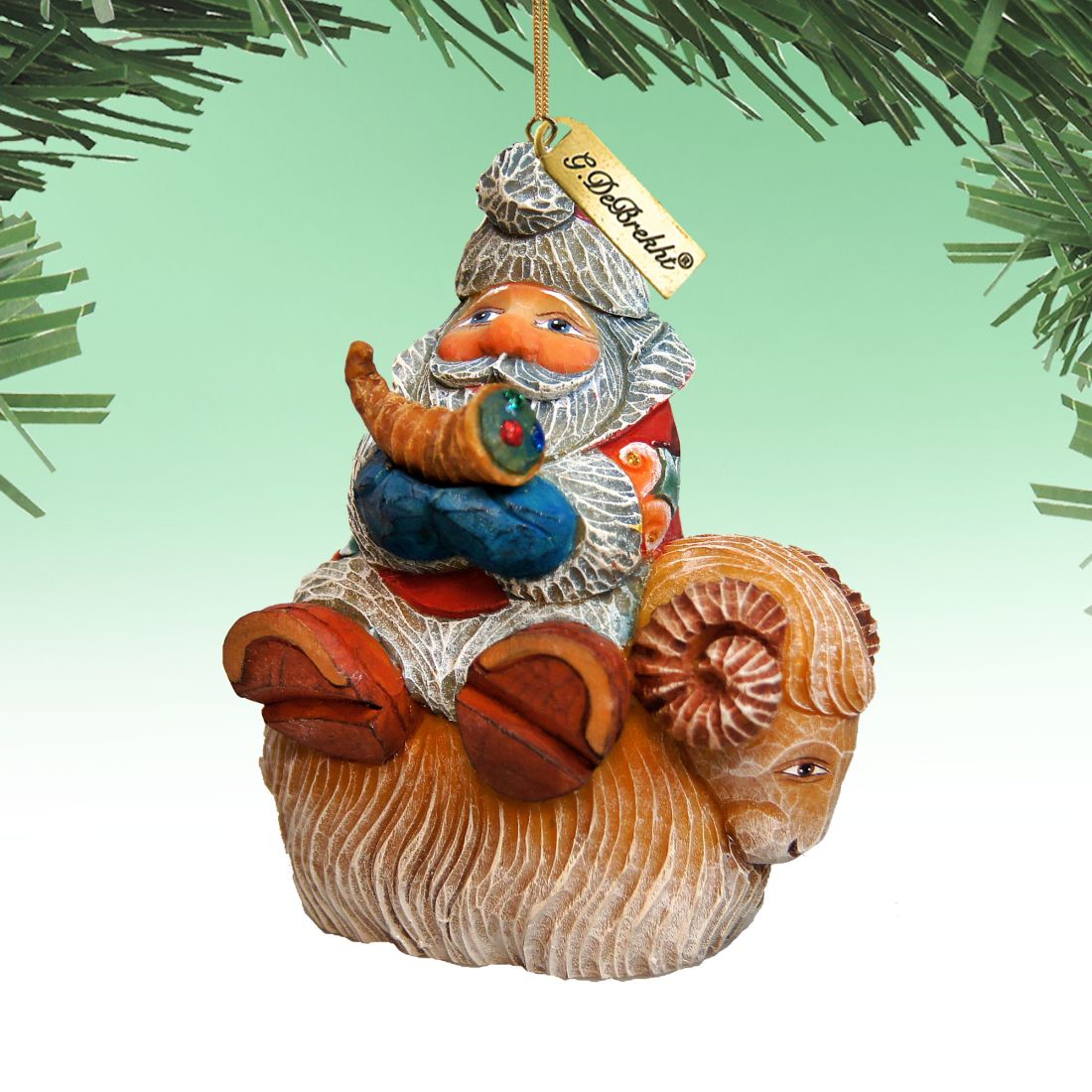 Santa On Ram Sculpted Hand-Painted Christmas Ornament by G. DeBrekht - Christmas Santa Snowman Décor - 63145