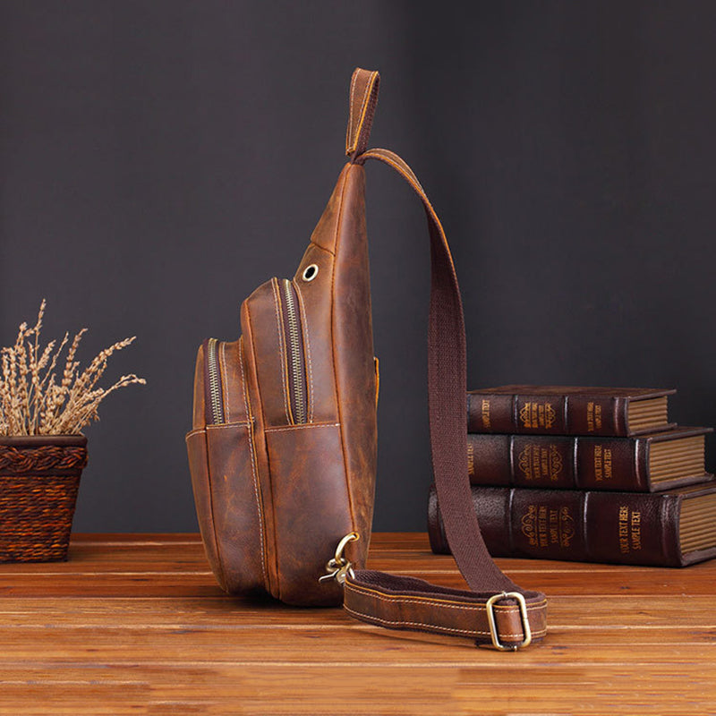 Crazy Horse Leather Chest Pack Handmade Chest Bag Casual Shoulder Messenger Bag