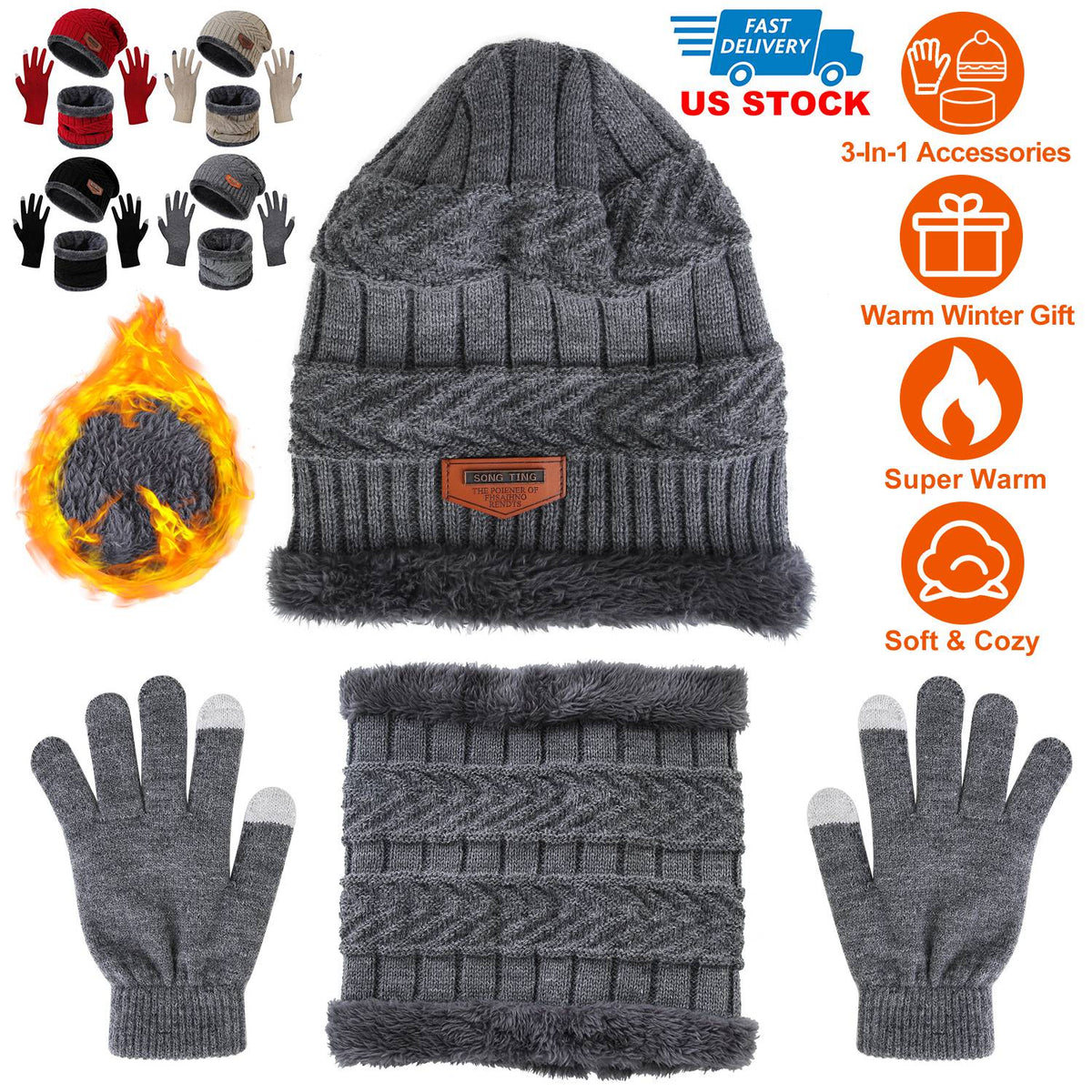 Winter Hat, Scarf and Gloves Set, Gray