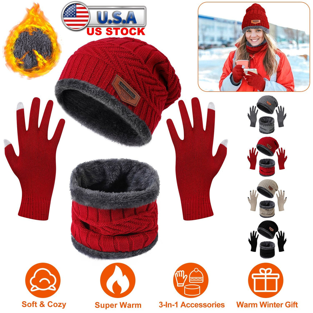 Winter Hat, Scarf and Gloves Set, Red
