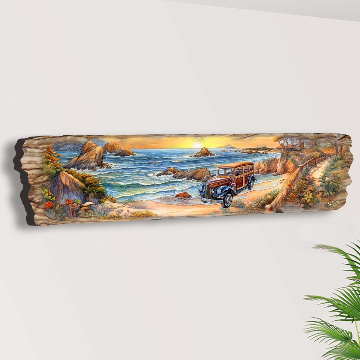 Retro Car on Beach Wooden Wall Art by G. DeBrekht Coastal Decor - 8491114W