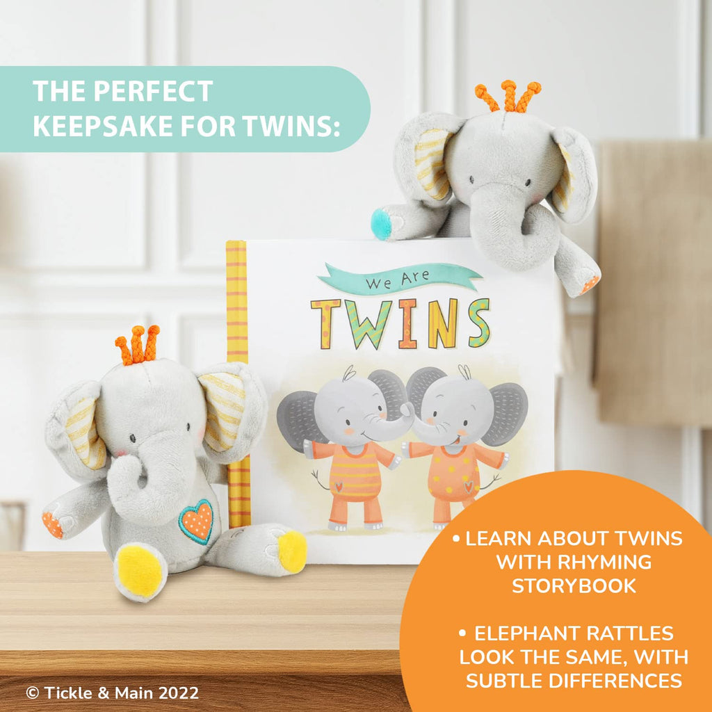 Baby Twins Gift Set - Keepsake Book & 2 Plush Elephant Rattles