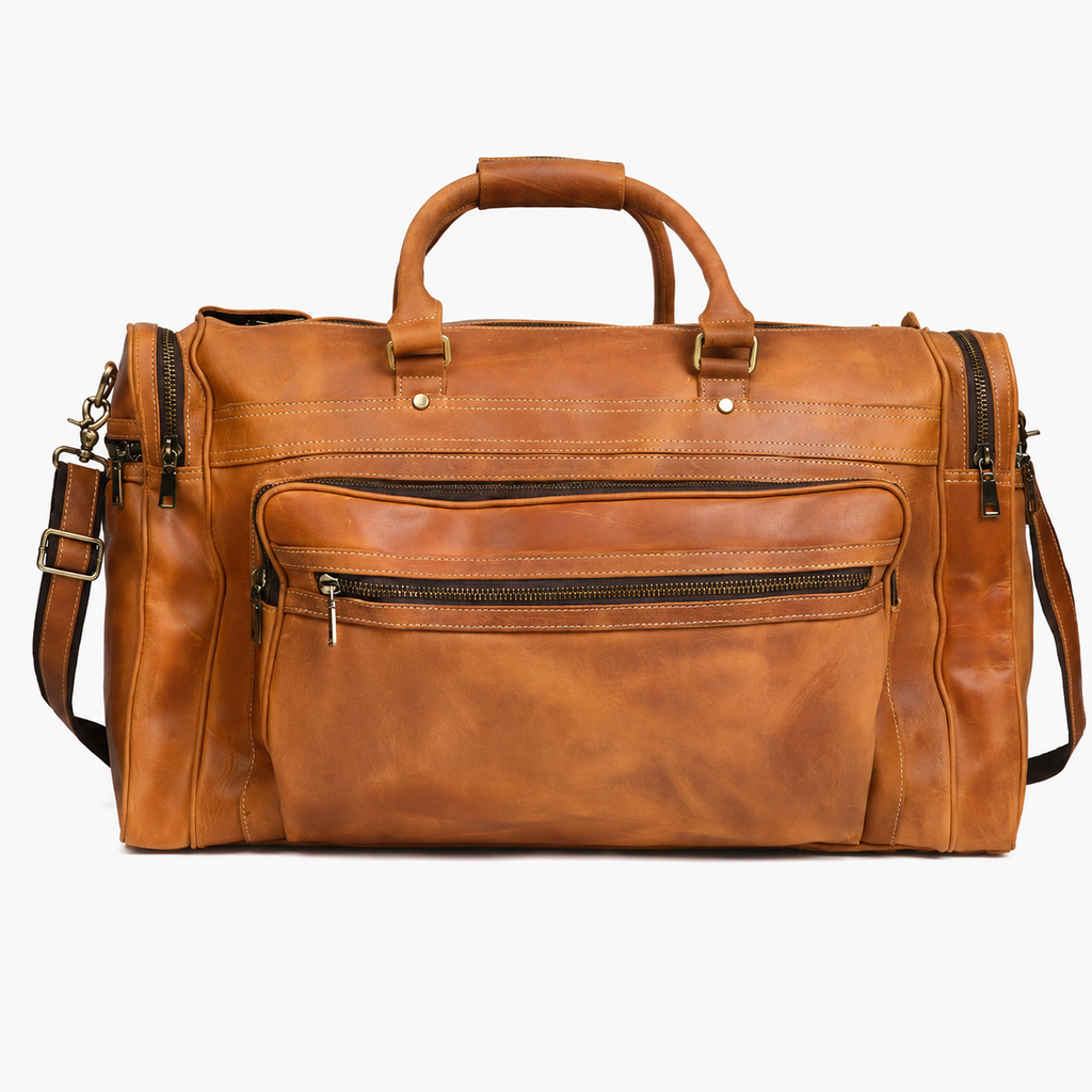 Rockcow Men's Handmade Full-Grain Leather Duffle, Premium Weekender