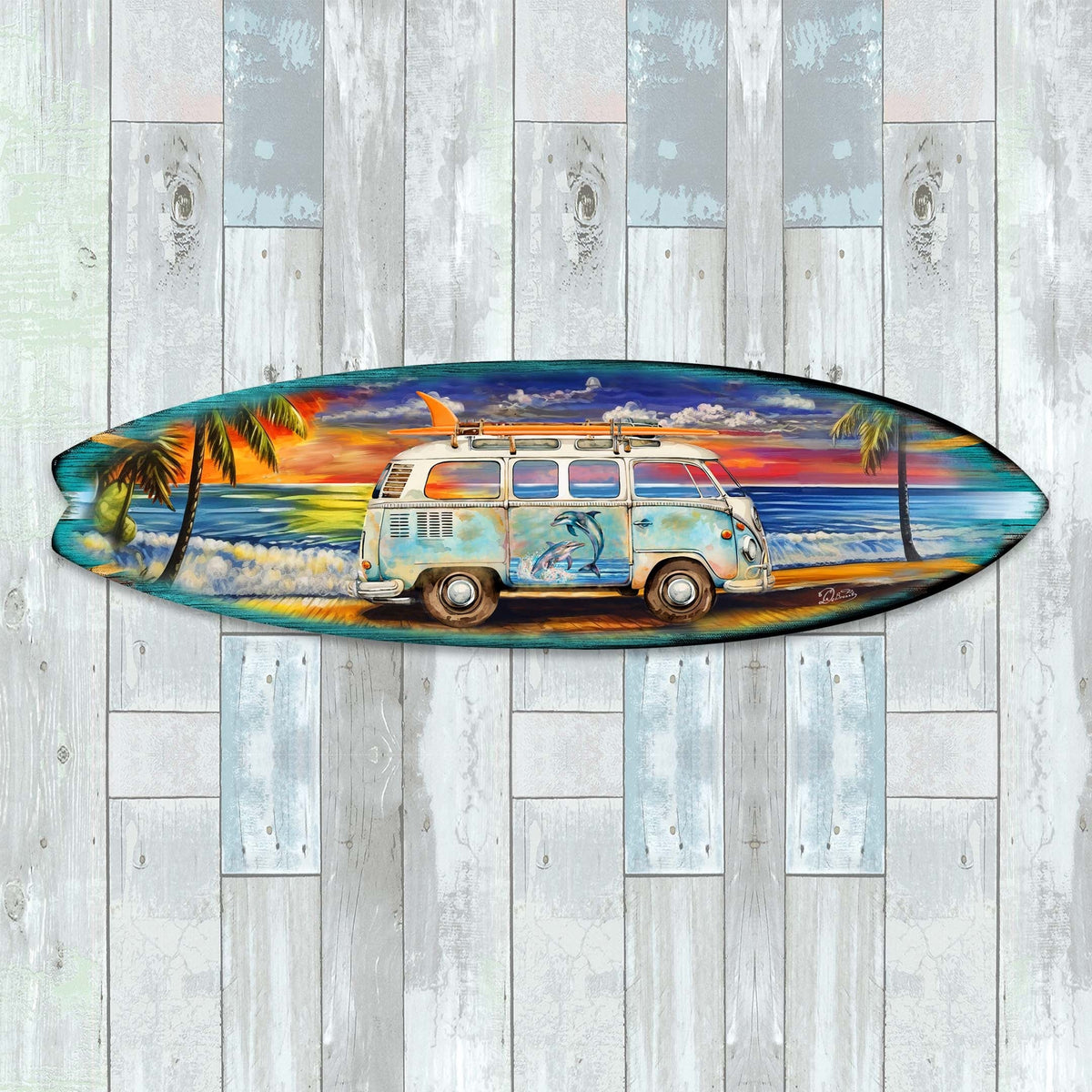 Surf Van at the Beach Surfboard Coastal Wall Art by G. DeBrekht - Coastal Holiday Decor - 8490120HS