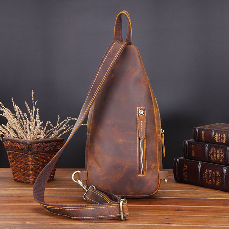 Crazy Horse Leather Chest Pack Handmade Chest Bag Casual Shoulder Messenger Bag