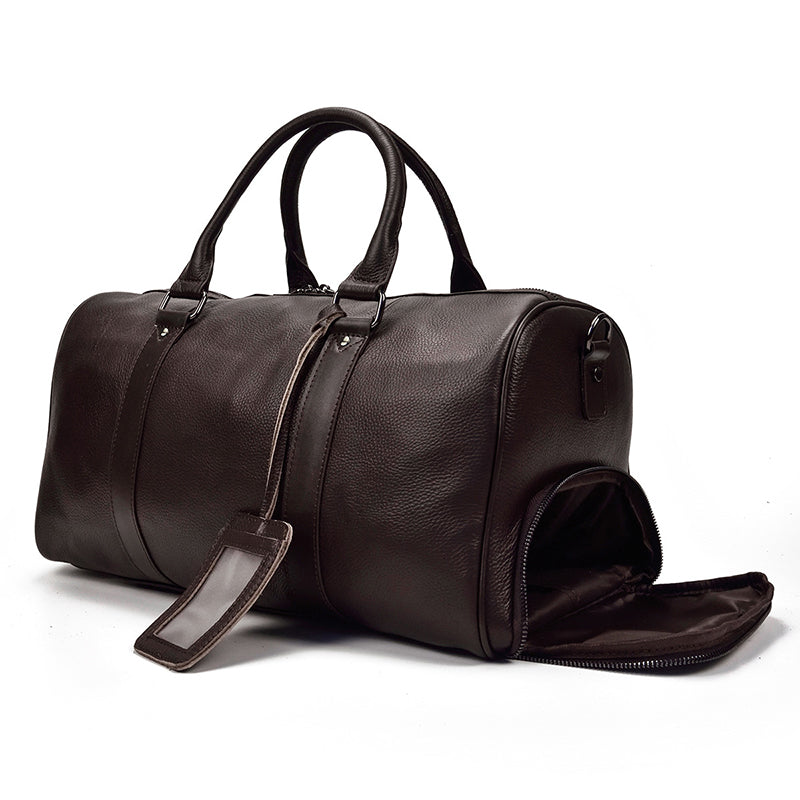 Full Grain Leather Travel Bag With Shoes Compartment, Cowhide Leather Duffle Bag, Overnight Bag