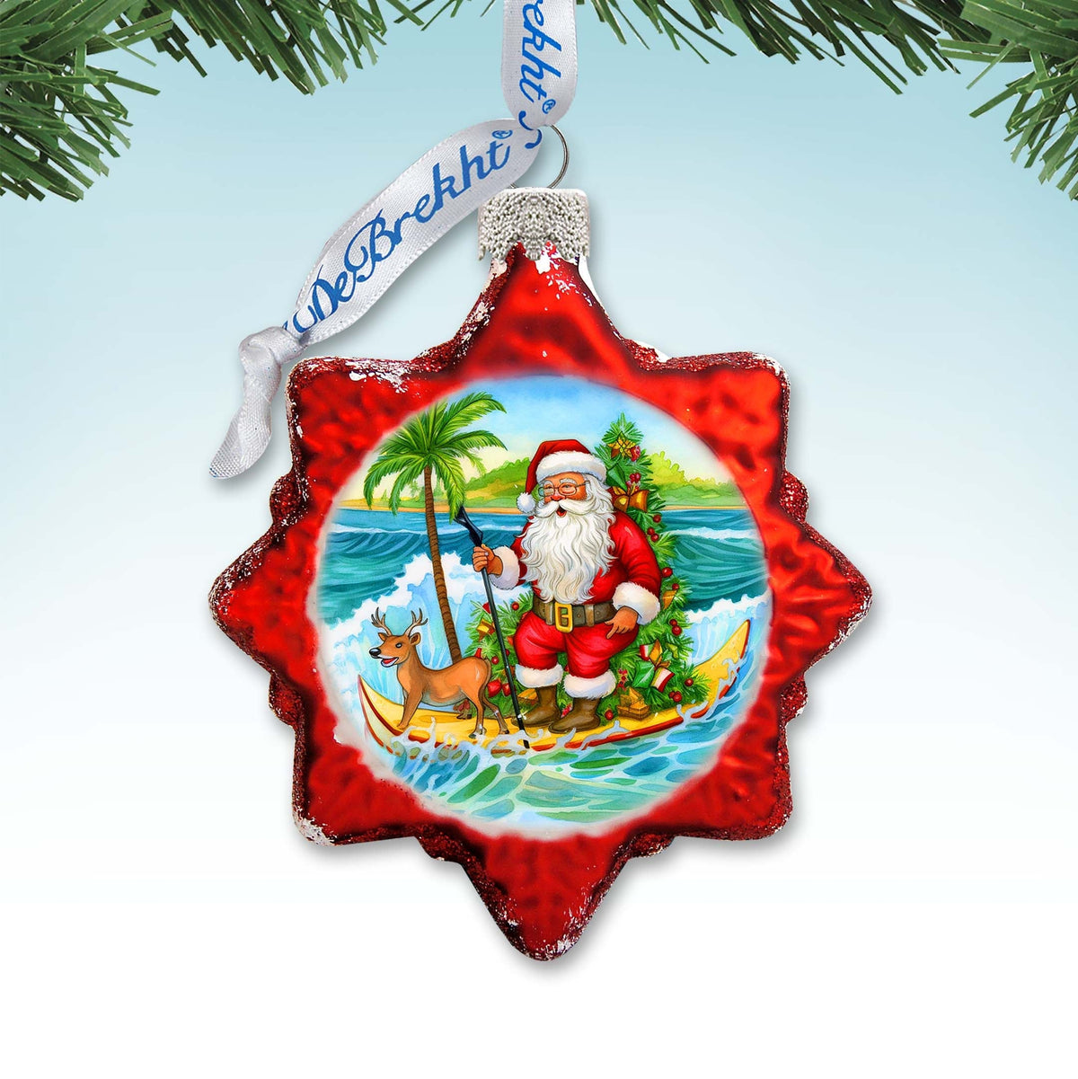 Beach House Decor - Santa on the Surfboard Keepsake Glass Ornaments by G. Debrekht - Christmas Decor - 777418