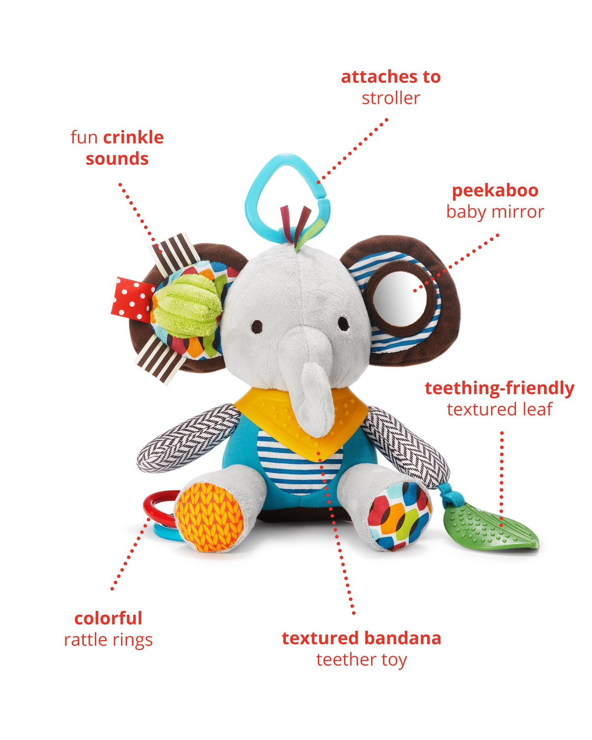 Elephant Teether with Rattles, Crinkles & On-the-Go Playtime Fun!