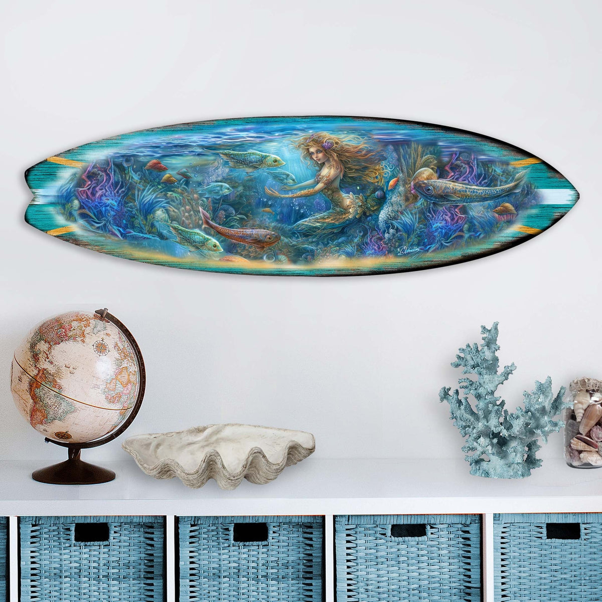 Mermaid Kingdom Surfboard Coastal Wall Art by G. DeBrekht - Coastal Holiday Decor - 8490115HS
