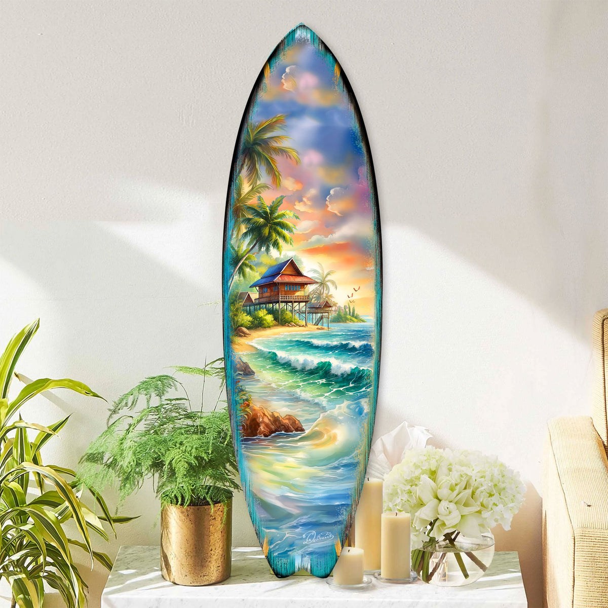 Tropical Beach House Surfboard Wall Art by G. DeBrekht – Handcrafted Coastal Decor - Surfboard Wall Decor for Beach House & Nautical Interiors - 8490142HS