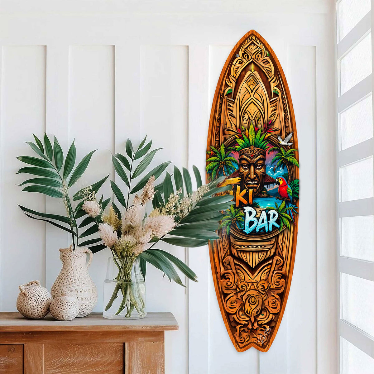 Tiki Bar Surfboard Wall Art by G. DeBrekht – Handcrafted Coastal Decor for Tiki Lounge & Beach House - 8490144HS