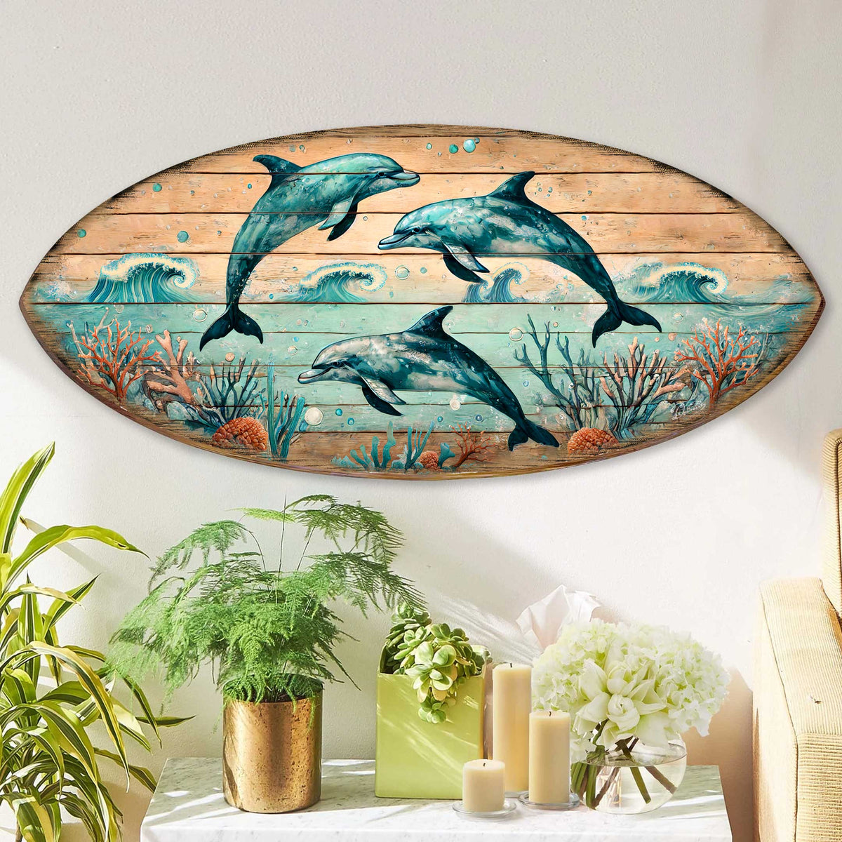 Dolphin Dance Surfboard Wall Art – Handcrafted Coastal Wooden Decor by G.DeBrekht – Beach House Ocean Decor – 8490149HS