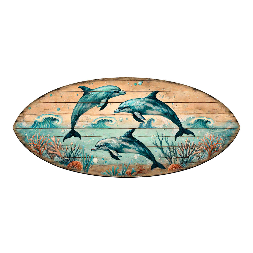 Dolphin Dance Surfboard Wall Art – Handcrafted Coastal Wooden Decor by G.DeBrekht – Beach House Ocean Decor – 8490149HS