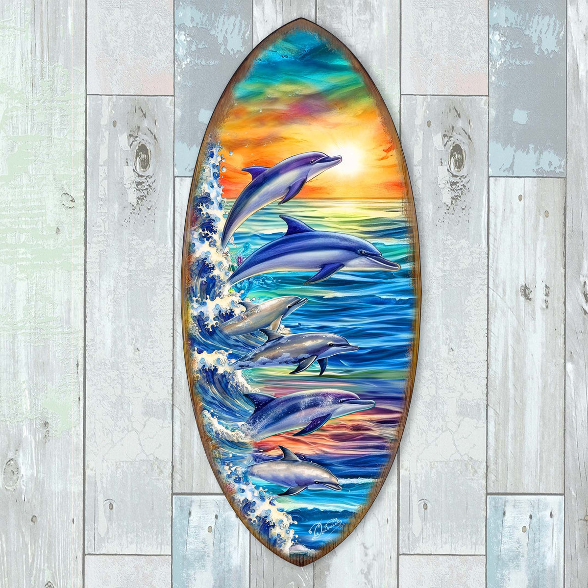 Dolphins Surfboard Coastal Wall Art by G. DeBrekht - Coastal Holiday Decor - 8490129HS