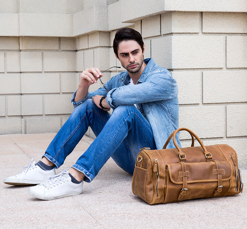 Full Grain Crazy Horse Leather Duffle Bag,  Vintage Handmade Weekender Travel Luggage