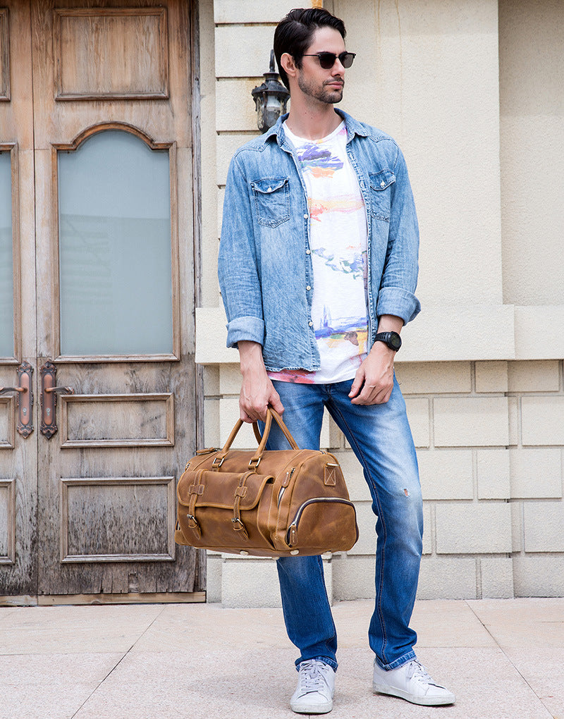 Full Grain Crazy Horse Leather Duffle Bag,  Vintage Handmade Weekender Travel Luggage