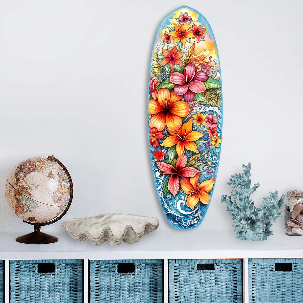 Tropical Flowers Surfboard Coastal Wall Art by G. DeBrekht - Coastal Holiday Decor - 8490113HS