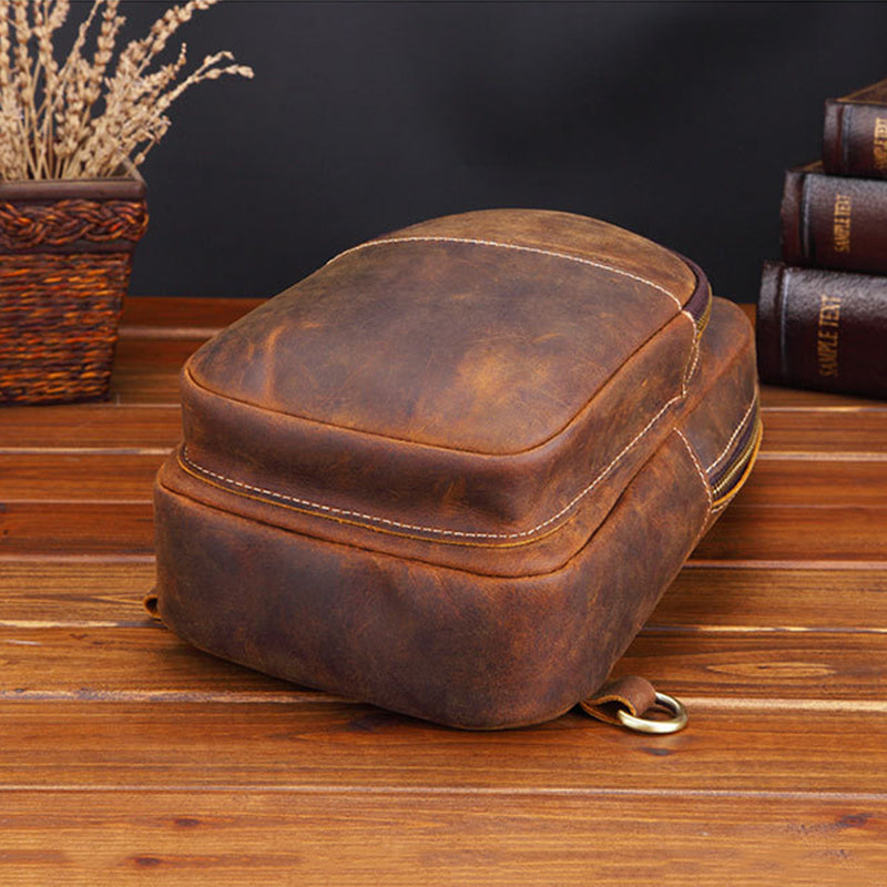 Crazy Horse Leather Chest Pack Handmade Chest Bag Casual Shoulder Messenger Bag
