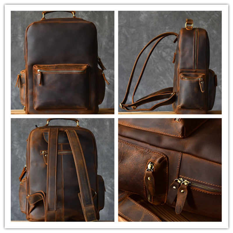 Men Retro Backpack Crazy Horse Leather Travel Backpack Laptop Backpack