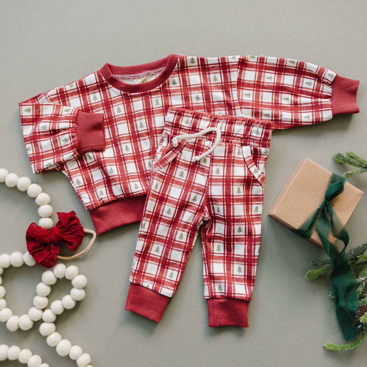 Red Plaid Christmas Tree Jogger Pants