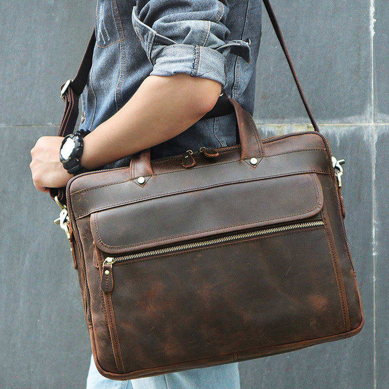 Crazy Horse Leather Briefcase High-Quality Leather Messenger Bags Men's Large Travel Shoulder Bag