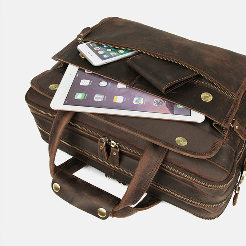 Crazy Horse Leather Briefcase High-Quality Leather Messenger Bags Men's Large Travel Shoulder Bag